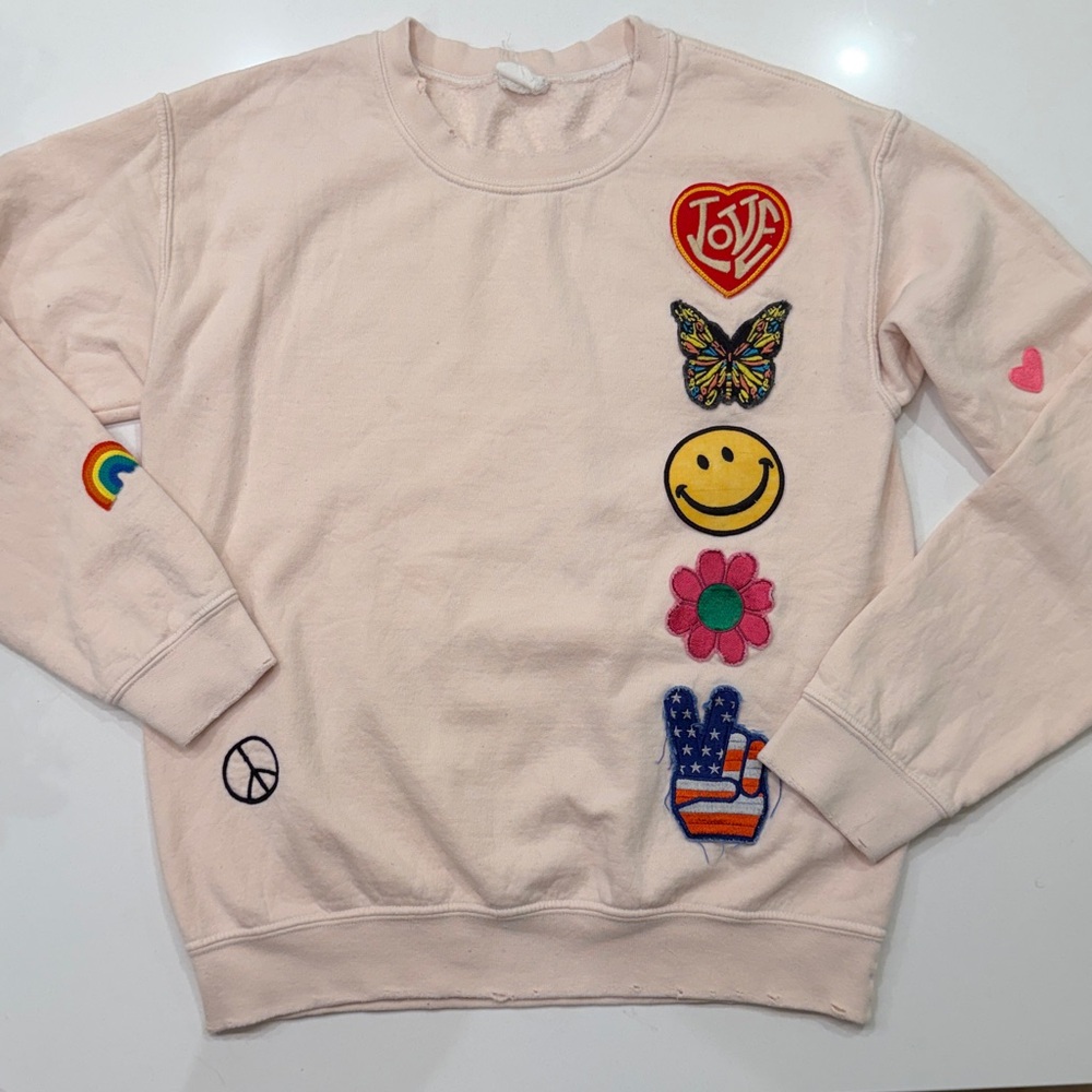 MadeWorn Light Pink Distressed Patch Love Sweatshirt – Size XS
